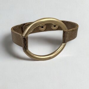 Brown Faux Leather Gold Circle Bracelet | Minimalist Adjustable Cuff